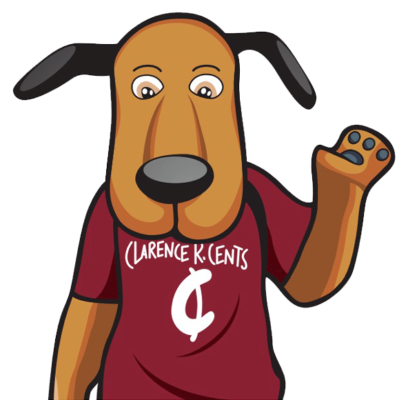 Cartoon dog mascot, Clarence K. Cents, waving in a red shirt.