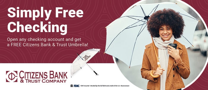 Citizen's Bank Simply Free Checking promotion with umbrella and smiling person.